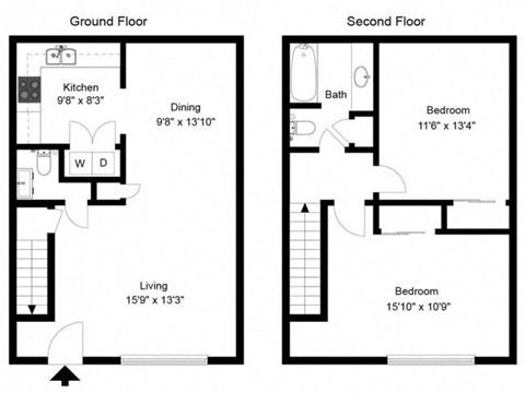 Floor plan for 2 beds, 1.5 baths, 1200 sqft